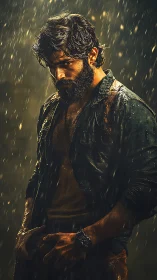 Brooding wet man under dramatic backlit rainfall portrait