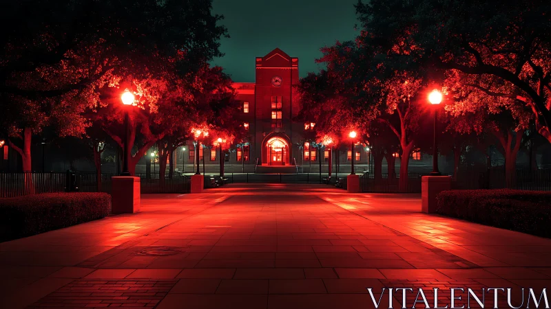Red-lit campus walkway leading to central academic building.