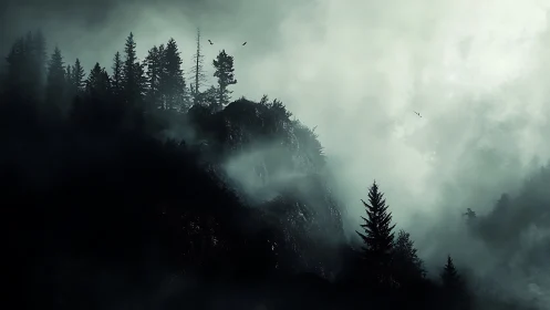 Brooding pines crown a mist-draped mountain citadel of hush.