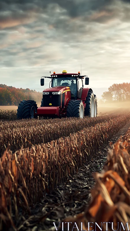 Red tractor advancing through harvested corn rows at dusk.