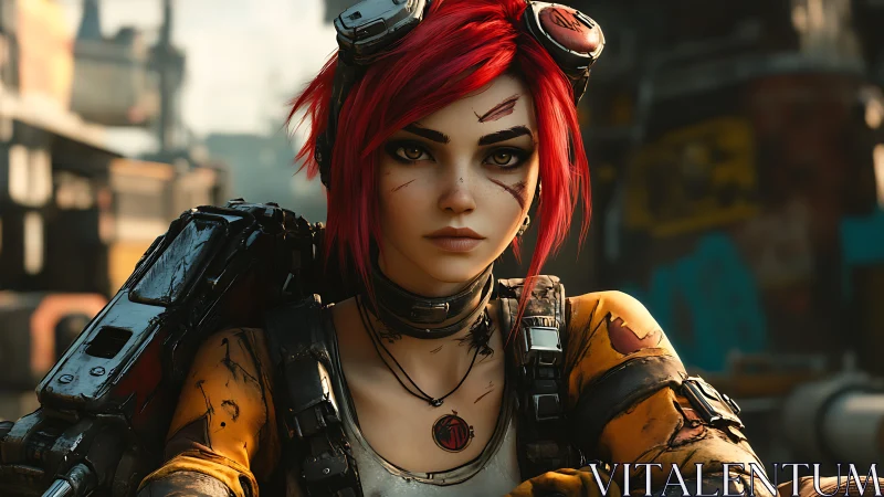 Cyberpunk mechanic girl stares forward with battle scars