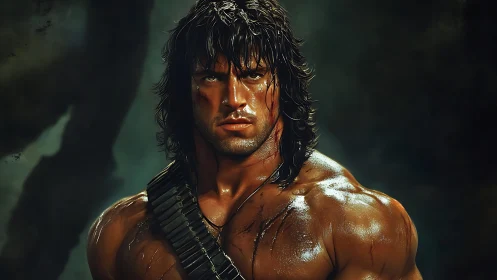 Brooding warrior stands ready in a dark, rain-soaked jungle