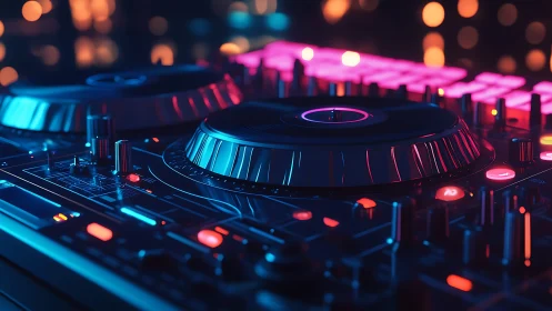 RGB-lit DJ controller close-up with dual jog wheels and bokeh.