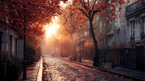 Golden dusk tiptoes down a quiet cobblestone autumn lane