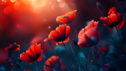 Red poppies photographed with bokeh background and directional lighting