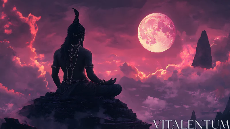 Meditating deity beneath radiant crimson moonrise sky.