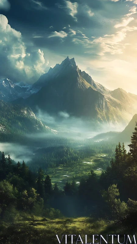 Digital landscape shows alpine peak above forested valley