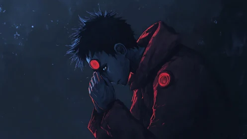 Brooding cyberpunk figure with glowing red implants in dusk.