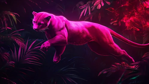Neon-illuminated feline figure positioned horizontally within dark foliage environment.
