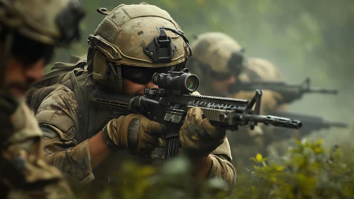 Soldiers in camouflage advancing with rifles in dense foliage.