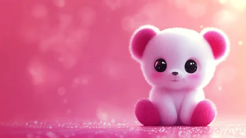 Pink and white plush bear character on glowing backdrop.