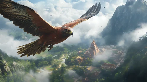 Soaring hawk above misty mountain temple valley panorama.