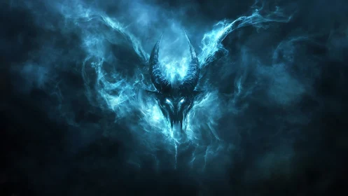 Ethereal blue demon skull emerging from swirling smoke.