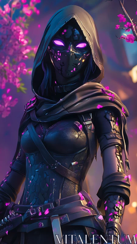 Hooded cyber huntress glows beneath falling neon petals