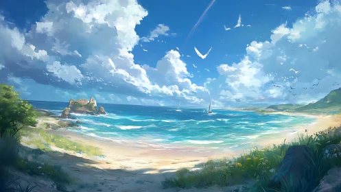 Luminous coastal panorama with sailboats, clouds, and shorebirds