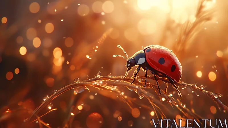 Ladybug on dewy grass in warm golden backlighting.