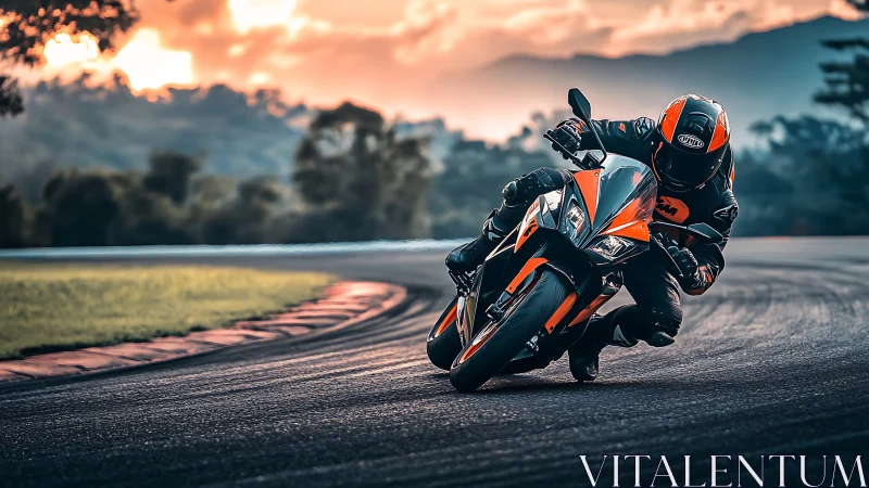 Sport bike rider carves apex on glowing mountain circuit.