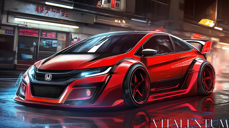 Red Honda street racer cuts through neon soaked city night.