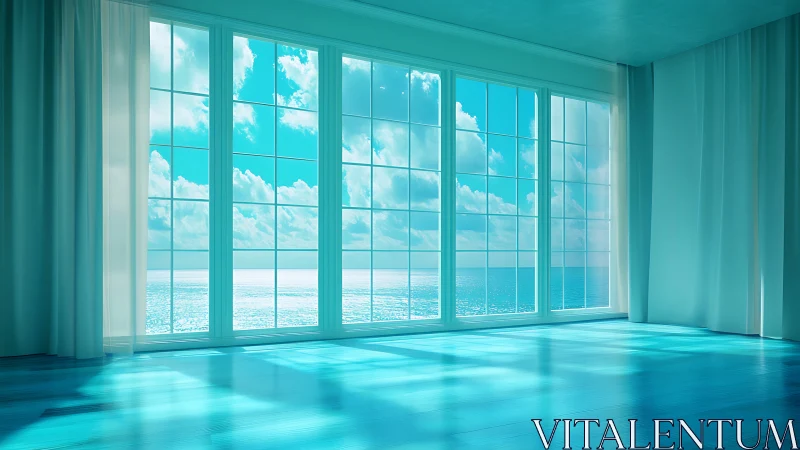 Minimalist seafront interior with panoramic glazing composition.