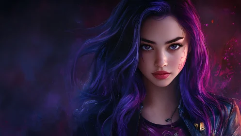 Neon storm hair sweeps around a midnight-gazed rebel queen