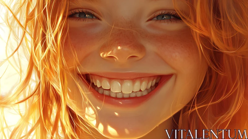 Digital painting portrait with luminous redheaded smile closeup.