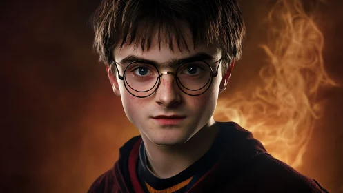 Young wizard with round glasses in glowing ember light.