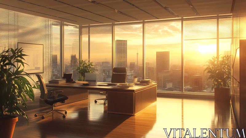 Sunlit executive corner office with panoramic city skyline glazing