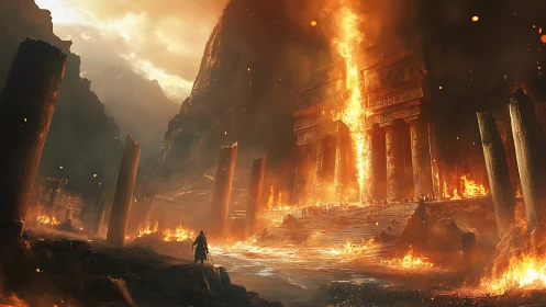 Flames crown the mountain temple as a lone warrior advances