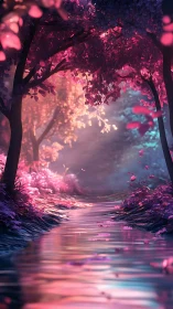 Dreamlike pink forest stream shimmers in soft evening light