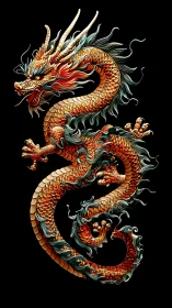 Coiled oriental dragon with gilded scales on pure black ground