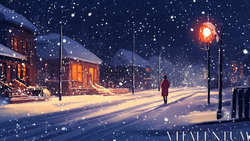 Snowlit urban street scene isolates lone figure in warm contrast