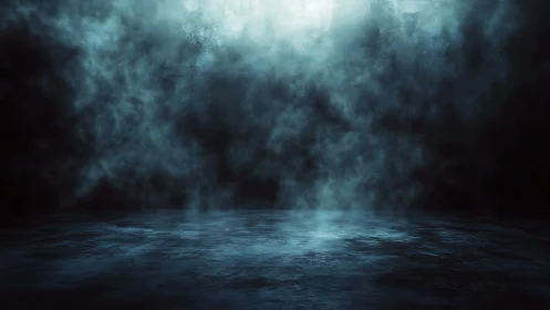 Soft blue mist drifts over a calm, shadowed reflective floor
