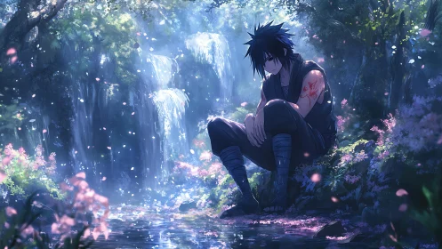 Quiet warrior rests beside a sparkling forest waterfall