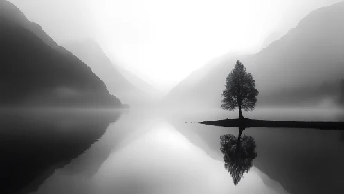 Solitary lakeside tree reflected in misty mountain water.