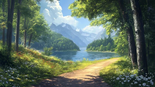 Digital painting landscape with alpine lake and forest path.