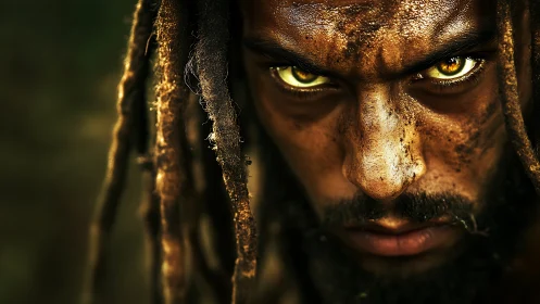 Intense golden-eyed stare framed by rugged dreadlocks.
