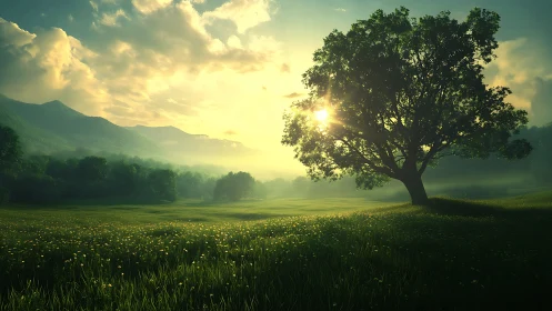 Sunlit tree dominates misty meadow beneath distant hills