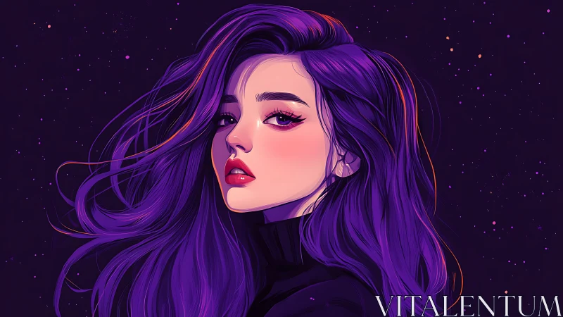 Violet haired girl gazes through a dreamy cosmic night