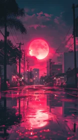 Neon moon drifts low while wet city streets quietly burn