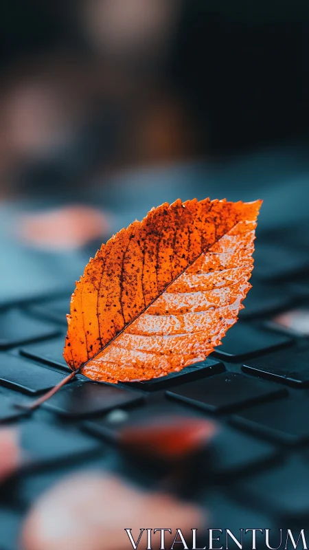 Single autumn leaf rests on keyboard in moody contrast