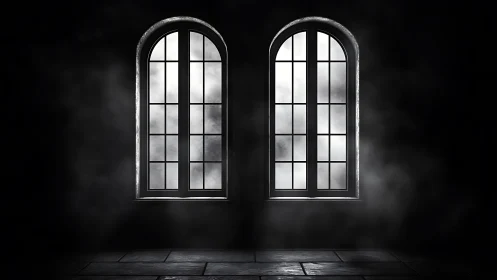 Gentle light through twin arched windows in the dark room.