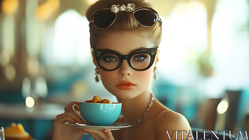 Woman sits in caf&eacute; interior holding turquoise cup and saucer