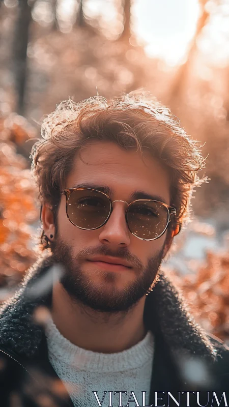 Bearded man in sunglasses stands in warm backlit forest