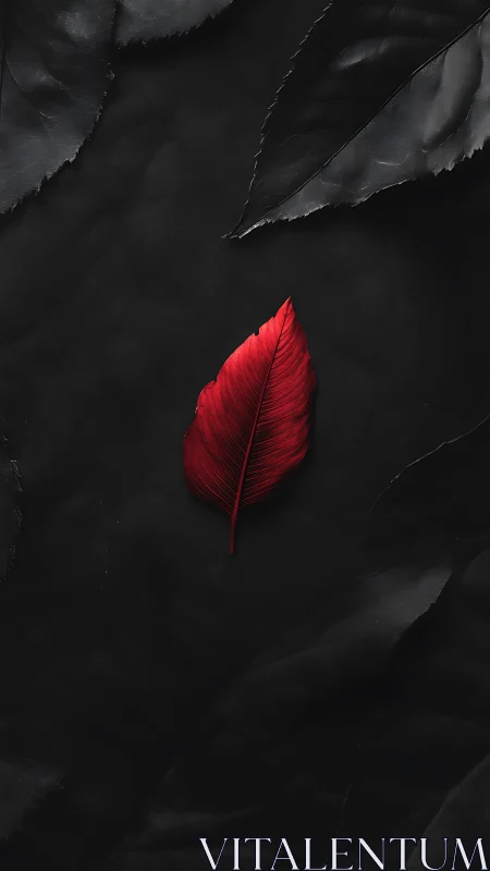 Solitary red leaf glows against smooth dark foliage