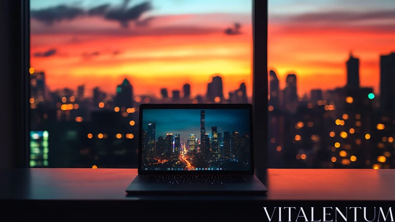 Laptop on desk against vibrant city sunset skyline.