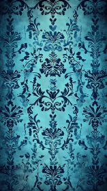 Vintage teal damask wallpaper with ornate floral scrolls.