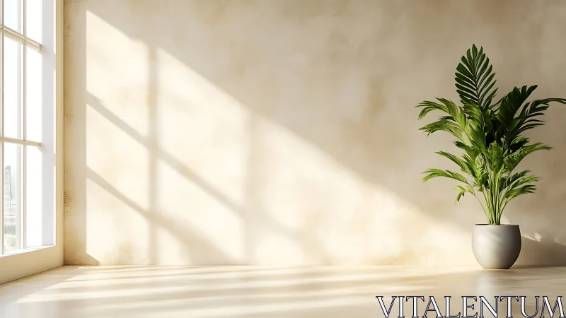 Sunlit corner sanctuary with lush indoor palm in silence.