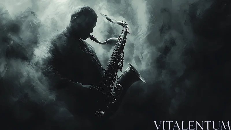 Silhouette saxophonist plays through swirling smokey haze