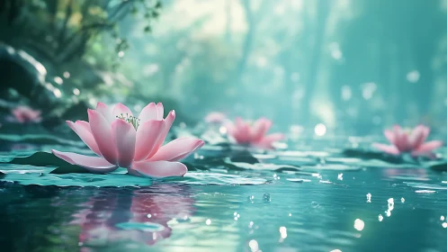 Lotus blooms drift like soft lanterns across a teal dream pond