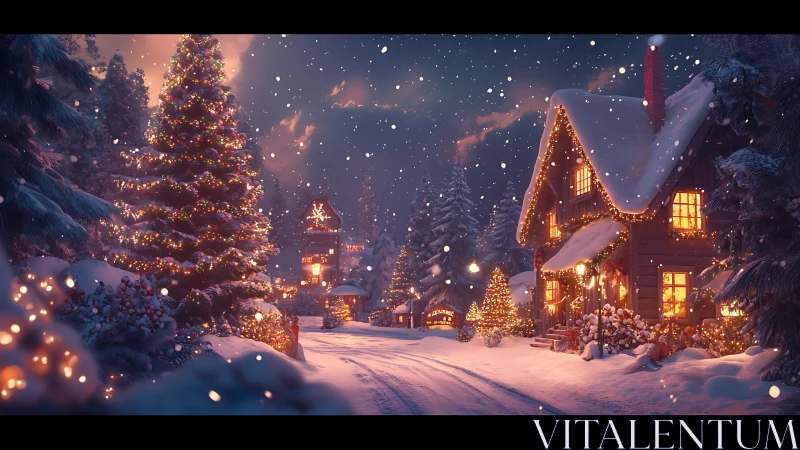Snowy village street glows under festive winter lights.